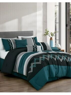 Teal and Gray Geometric 3 Piece queen Comforter Set